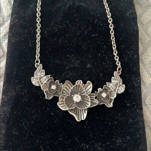 Floral Silver Necklace with Crystal Accents